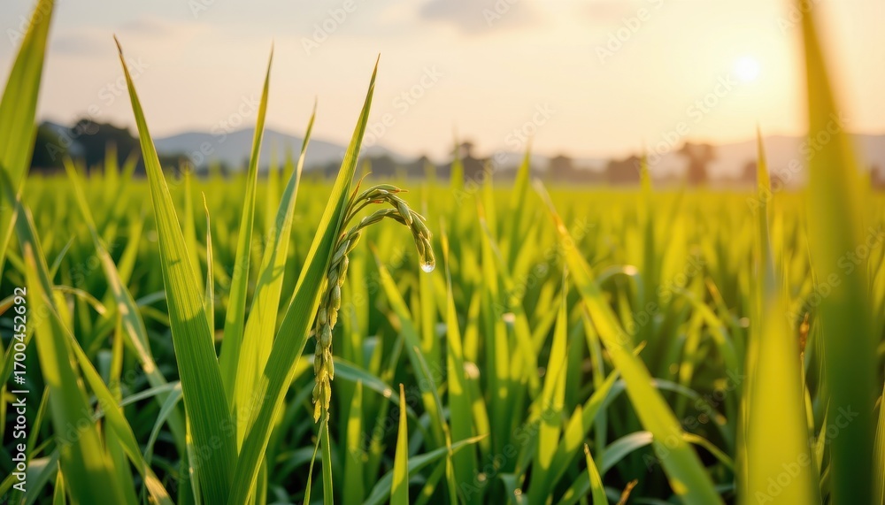 Fototapeta premium Close up of lush green rice plants with glistening dew drops hanging from the stalks in early morning sunlight, captured from a low angle in a vibrant, panoramic rice paddy scene