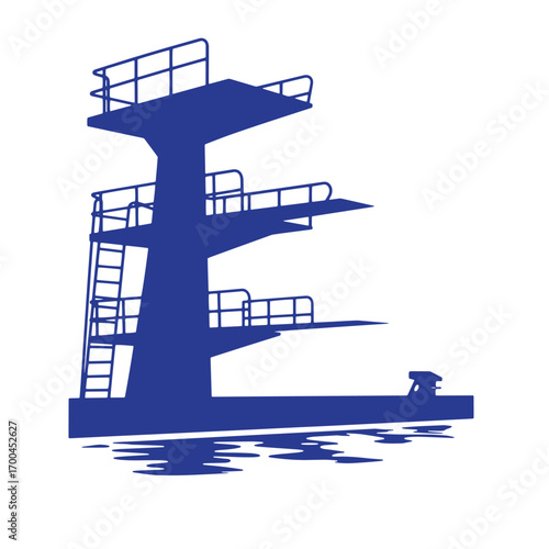 Silhouette of a blue diving board structure ready for a swimming or diving event