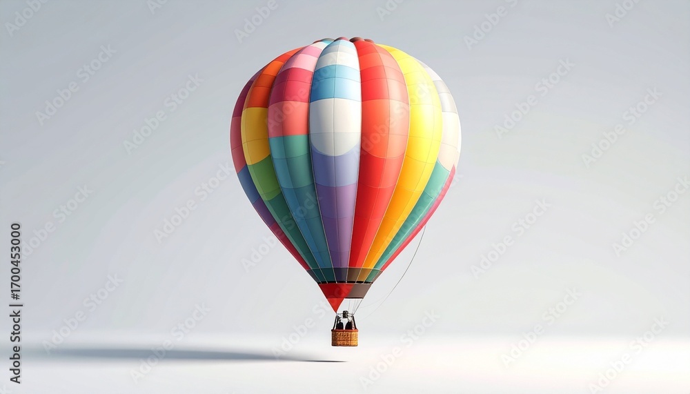 Obraz premium Rainbow-striped hot air balloon against light gray backdrop