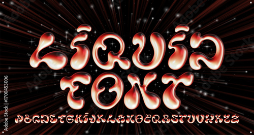 Liquid lava font. 3D inflated bubble letters in orange fire gradient, volcanic shine, glossy molten texture and Y2K retro display style. Vector set