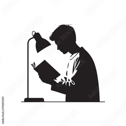 Silhouette of a young person reading a book under a desk lamp vector