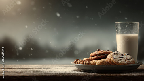 cozy winter setting featuring plate of freshly baked cookies and tall glass of milk perfect for santa