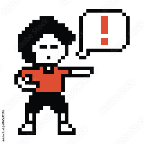 Cute pixel cartoon character man notice with exclamation mark decoration 8 bit male boy surprise idea exclamation alert cartoon pixel video game 8bit png vector.