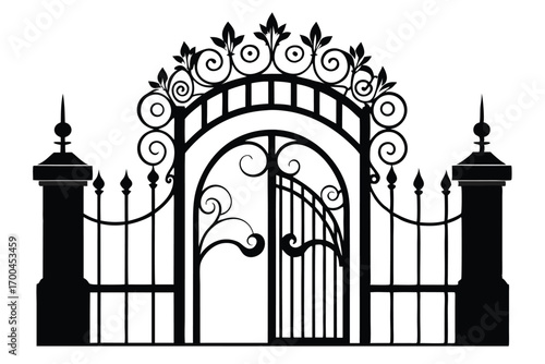 Ornamental Wrought Iron Gate Silhouette with Curlicues, Finials, and Foliage Accent at the Top