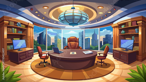 Very beautiful panoramic 360 panorama view of a modern executive office, featuring a walnut wood desk, sleek leather chair, abstract wall art, and soft lighting, creating an atmosphere of authority, s