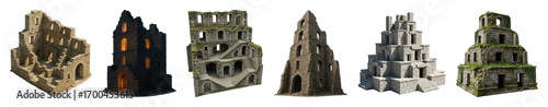 Fantasy stone ruin set including towering structures, crumbling buildings, and ancient architecture isolated. Game environment and concept art elements.
