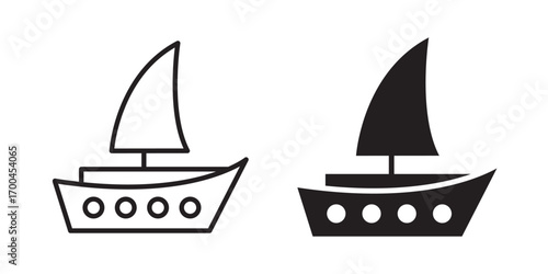 Sailboat icon .Yacht on sea journey. Travelling by water with sailboat. Maritime. Vector illustration with stroke and fill on a white background.