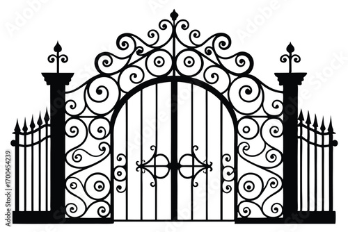 Intricate Black Wrought Iron Gate and Fence with Ornate Scrollwork Design