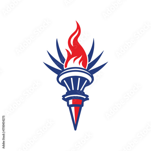 Stylized torch with red flame and blue and red accents on white background