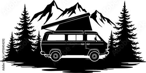 "Silhouette of Camper Van in Pine Forest"