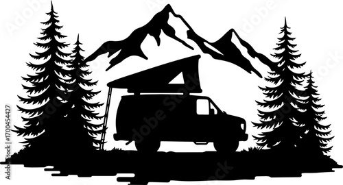 "Silhouette of Camper Van in Pine Forest"
