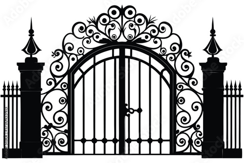 Black Iron Gate with Ornate Scrollwork and Spiked Posts Silhouette Illustration Vector