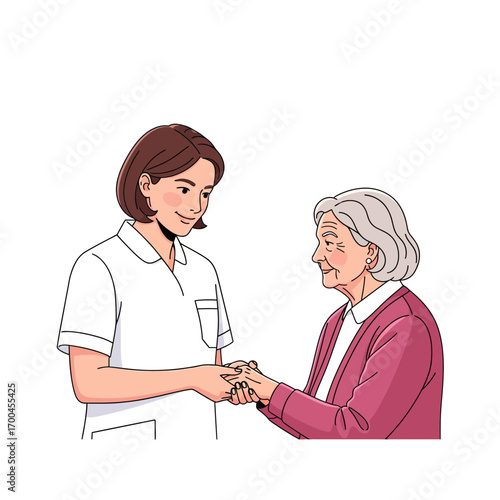 Young female caregiver in a uniform gently holding the hands of an elderly woman, symbolizing compassionate senior healthcare and support