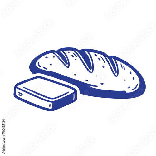 Simple hand drawn illustration of bread loaf and butter block for food concepts