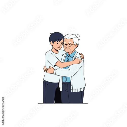 A heartwarming illustration of a young grandson lovingly embracing his elderly grandmother, showing family connection and care