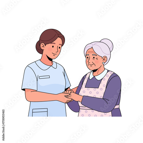 Compassionate healthcare worker providing gentle support to a senior woman, representing empathy and geriatric assistance in a nursing facility
