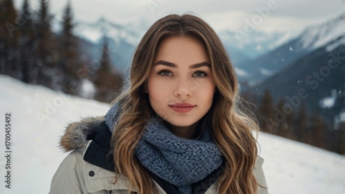 Serene Winter Portrait: A Young Woman's Calm Gaze in a Snowy Mountain Valley.
