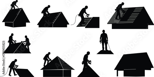 Roof construction workers silhouette, nailing shingles, installing roof tiles, using tools, roofing contractor on house, safety harness, roof repair scene