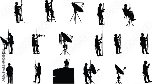 Silhouette telecom workers, satellite antenna installation, tower maintenance crew, communication engineer, climbing technicians, radio signal equipment, wireless technology vector icons