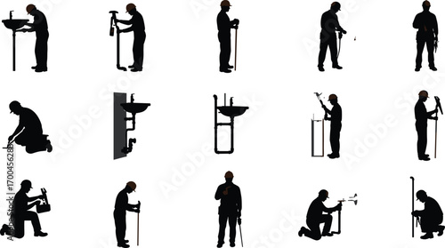 Silhouette of plumbers installing and repairing bathroom sink, using tools and equipment, professional plumbing service concept, vector illustration design