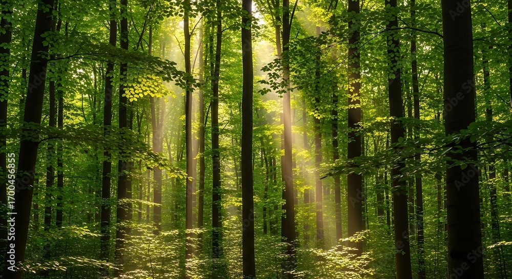 Obraz premium Sunlight Streaming Through Forest Canopy Creating Atmospheric Rays of Light