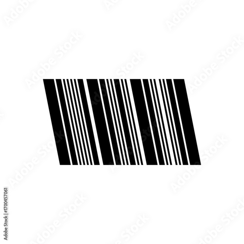 Tilted barcode with black vertical lines on a white background, representing product identification and scanning technology.