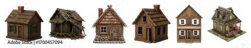 Rustic wooden house set including cabin, cottage, shack, and dilapidated styles isolated. Architectural elements for design projects.
