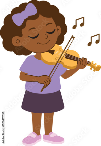 Cute cartoon girl playing violin, happy child musician with purple bow, kids music education, joyful girl with musical notes, young violinist