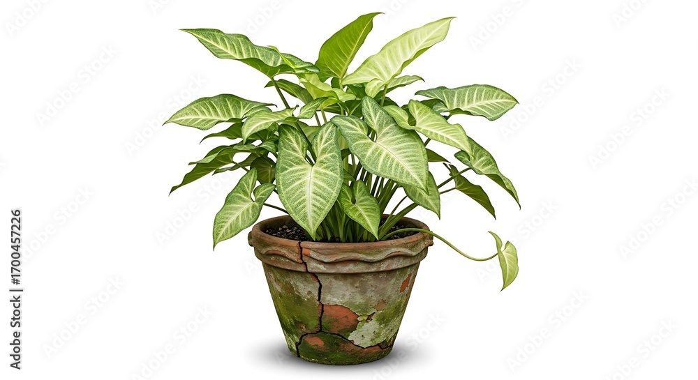 Obraz premium Syngonium Plant in a Cracked Terracotta Pot Against White Background