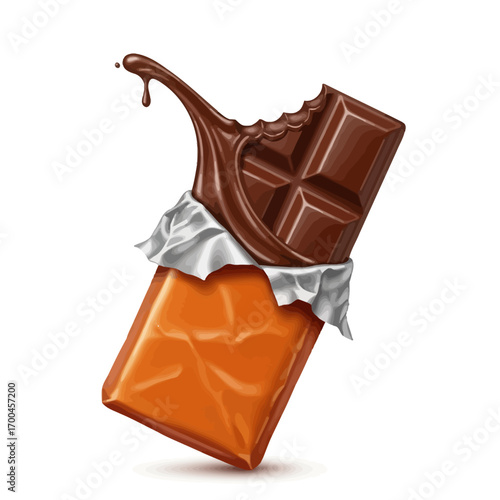Delicious milk chocolate bar partially unwrapped with a bite taken out illustration