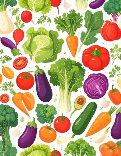A vibrant and colorful pattern featuring various fresh vegetables, including tomatoes, carrots, cabbages, peppers, and more, presented in a cheerful and appetizing style.