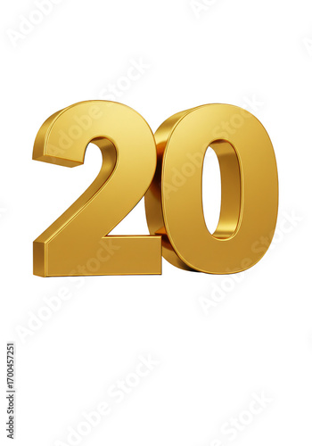 Golden Metallic Number 20 Isolated on Transparent Background Illustration