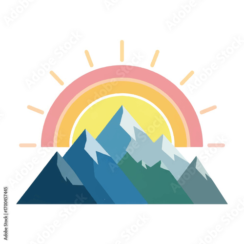 Flat design illustration of a vibrant rainbow-colored sun rising over a stylized mountain range with a clean white background.
