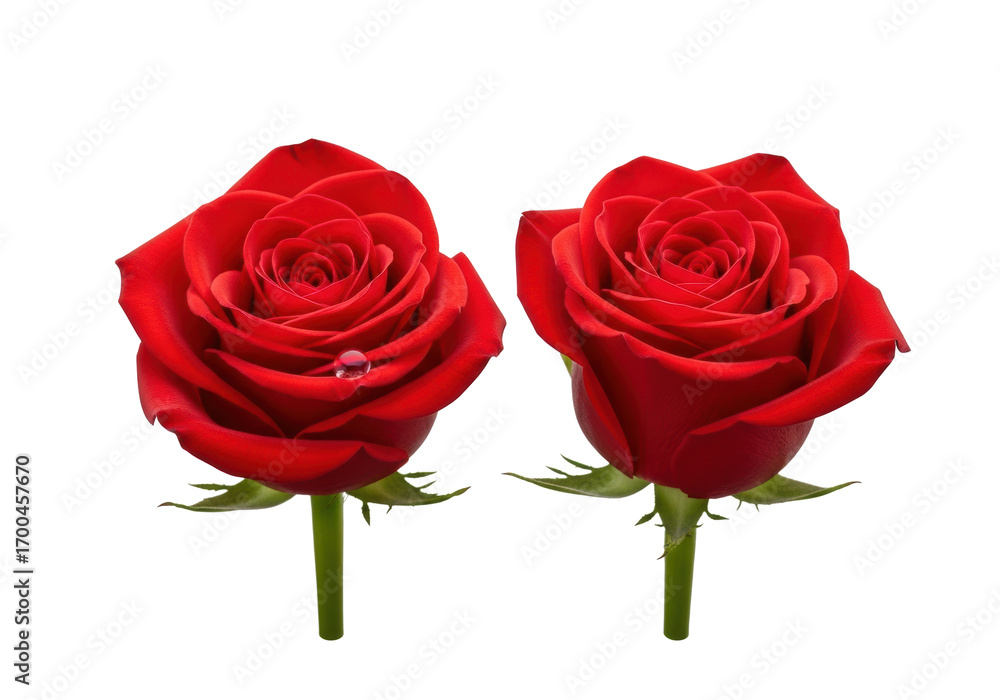 Fototapeta premium Two vibrant red roses, crisp petals, green stems, glistening dew drop on one, arranged horizontally on a seamless transparent background, pristine natural elegance concept