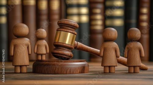A wooden gavel rests on a circular base with small wooden figures representing people, set against a backdrop of law books.