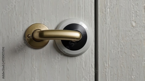 Sleek Brushed Brass Lever Handle and Modern Lock on a Textured, Pale Painted Door