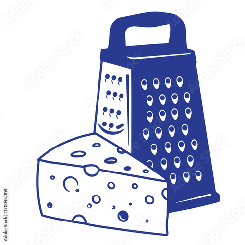 Simple illustration of cheese wedge and grater in dark blue on white background