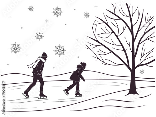 Minimalist winter ice skating scene, people silhouettes skating on frozen lake, cozy winter atmosphere, flat design, snowflakes