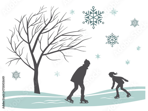 Minimalist winter ice skating scene, people silhouettes skating on frozen lake, cozy winter atmosphere, flat design, snowflakes