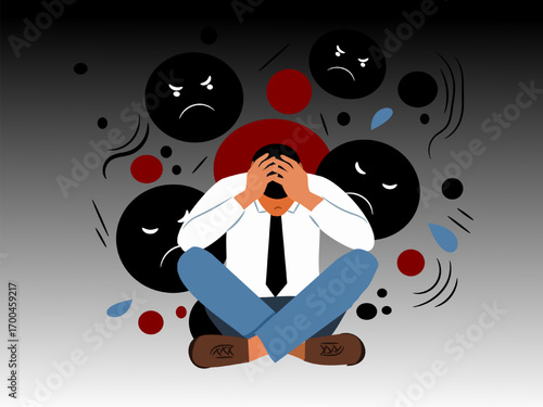 Man suffering from depression and panic attack illustration