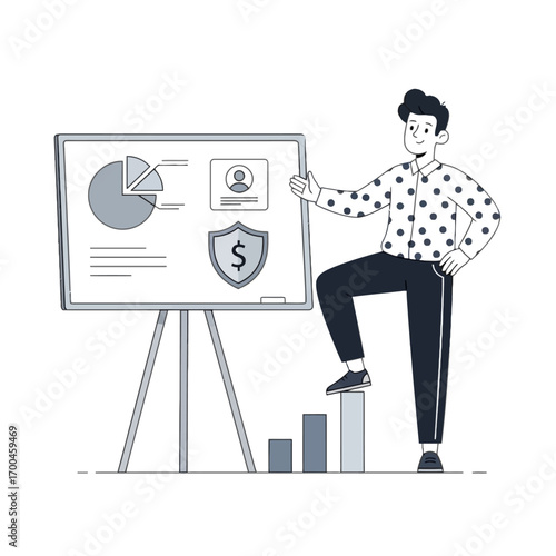 Illustration of man presenting financial data on a whiteboard with charts and icons