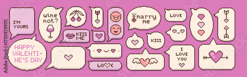 Pixel art speech bubbles big set, dialog boxes collection with funny greeting quotes, hearts, emoji. Retro 8-bit inspired design perfect for gaming, social media, banners and nostalgic posters. Vector