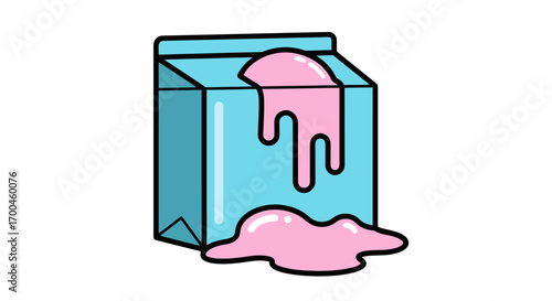 Creative illustration of a light blue carton of milk with pink liquid spilling out, symbolizing a messy or unexpected situation in a fun and artistic style