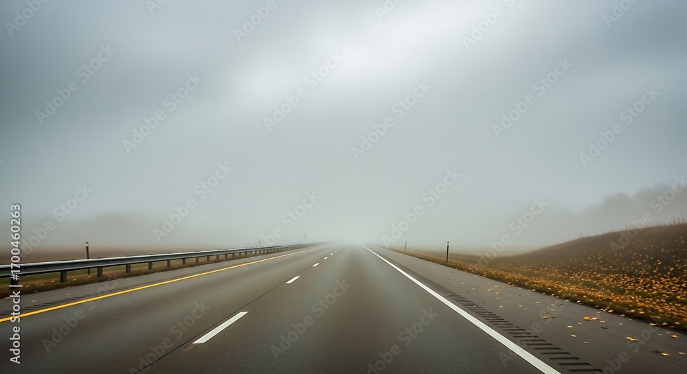 Fototapeta premium Long highway stretching into dense fog on a cloudy day.