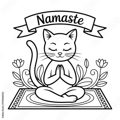 Cute Cat Meditating with Namaste Banner and Lotus Flowers Illustration