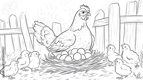 Mother hen with chicks and eggs