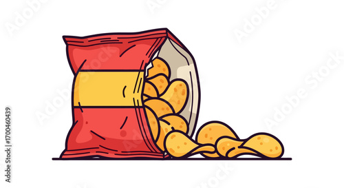 A vibrant, stylized illustration of a crinkled red and yellow bag of potato chips spilling out onto a white background, capturing the simple joy of snacking