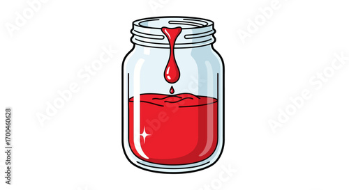 Vibrant red liquid filling a transparent glass jar, captured in a clean cartoon illustration as a single drop descends from the rim, symbolizing collection and containment