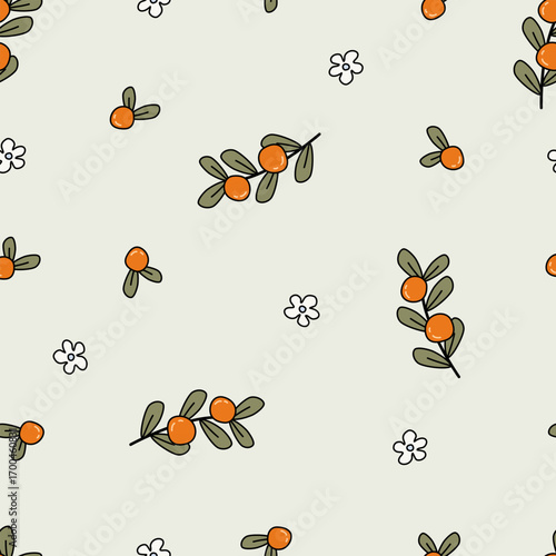 Orange fruit and flower seamless pattern. Organic vitamins and healthy nutrition. Fresh Mandarin orange fruit vector design for wallpaper, clothing, wrapping, fabric, stationery, and phone cases.