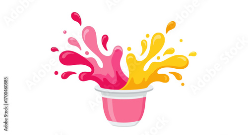 Dynamic and vibrant illustration capturing a burst of colorful liquid splashing from a cup, evoking refreshing flavors and playful energy with a modern aesthetic